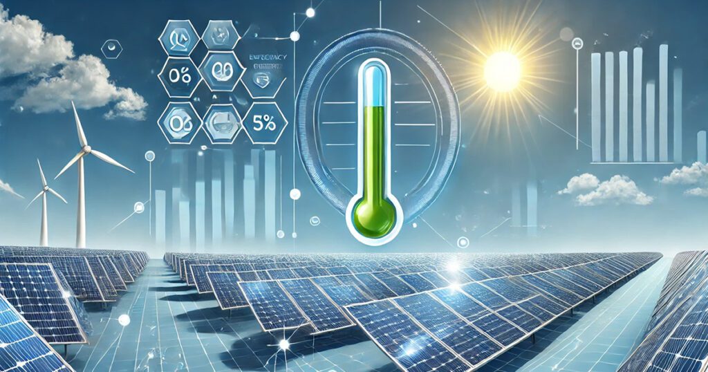 Temperaturkoeffizient - Beitragsbild mit Thermometer und einer PV Anlage